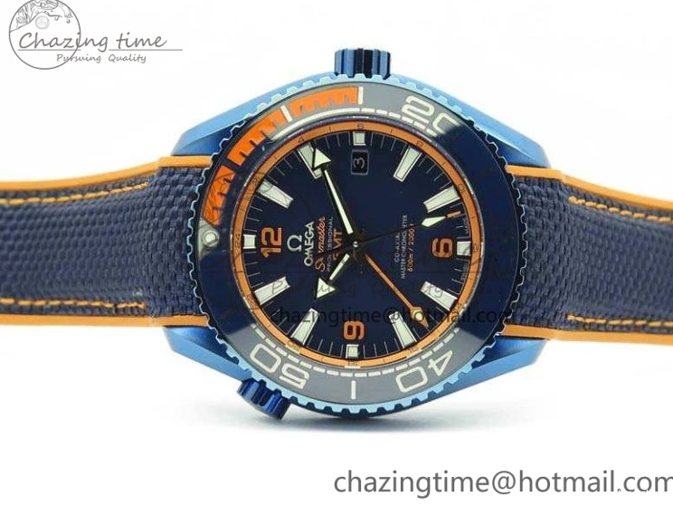 0818 FreshLook Planet Ocean 45mm GMT Blue DLC Black OMF Best Edition Blue Dial On Blue Gummy Strap A 8123